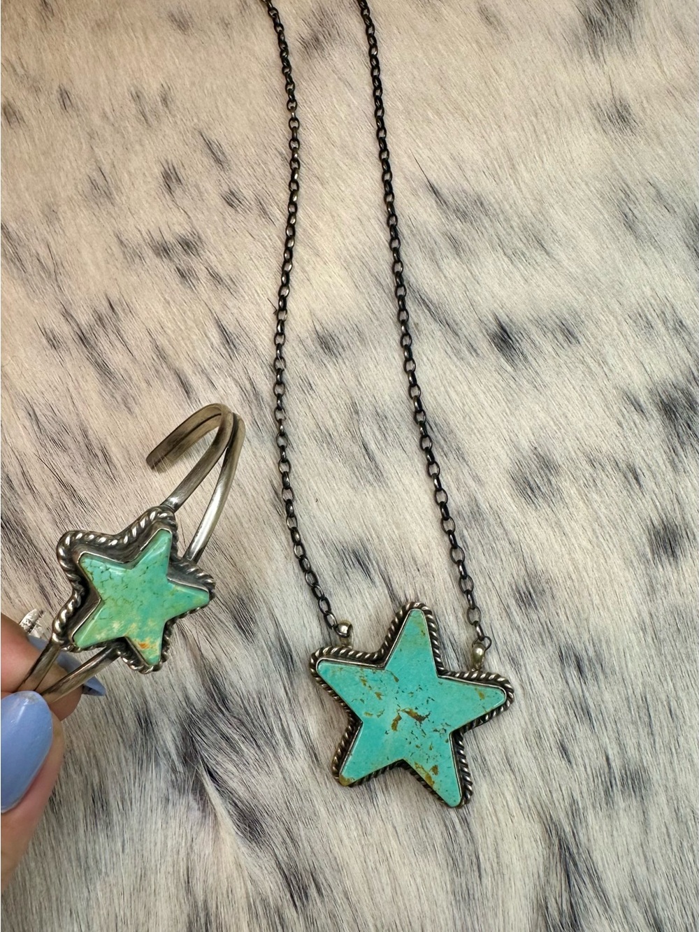 Native Made Turquoise Star Pendant Necklace and Cuff Bracelet Set .925 Silver
